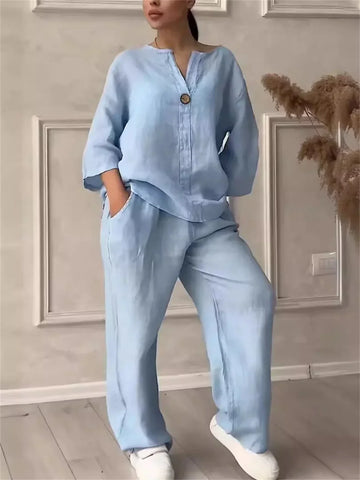 Cotton Linen Two Piece Set Women Casual Tops Wide Leg Pants Long Sleeve Soaked Monochromatic V Neck Fashion Autumn Spring Sets