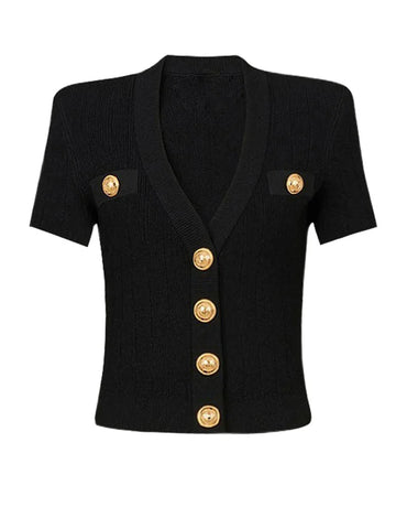 Black And White High-quality Fashionable Elastic Knitted Fabric Button Decoration Short Sleeved Slim Fitting Women's T-shirt
