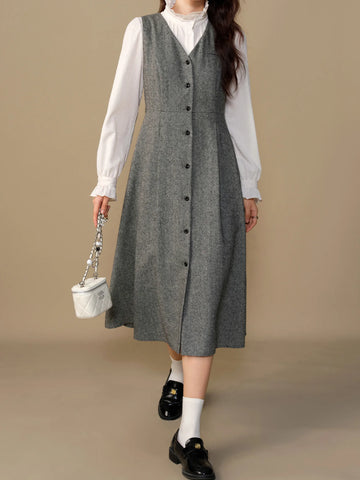 DUSHU 31.1% Wool Women Sleeveless Dress V-Neck Single Breasted Female Winter Long X-LINE Dresses Grey Commuter Dress 24DS84315