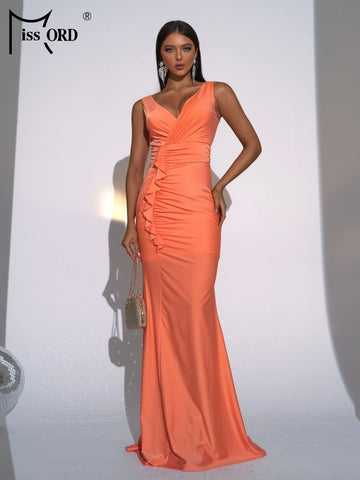 Missord Elegant Orange Wedding Dress Women V Neck Sleeveless Ruched Ruffles Bodycon Party Evening Dresses Long Prom Gown