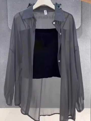 Plus Size Women’s Summer Shirts Breathable Sun-Proof Ice Silk Button Skin-friendly Thin Loose Sheer Chiffon Blouses Long Sleeve