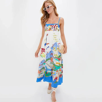 Spaghetti Strap Women Floral Print Strap Sping Summer A Line Long Vest Dress Elegant High Waist Casual Fashion Women's Dress