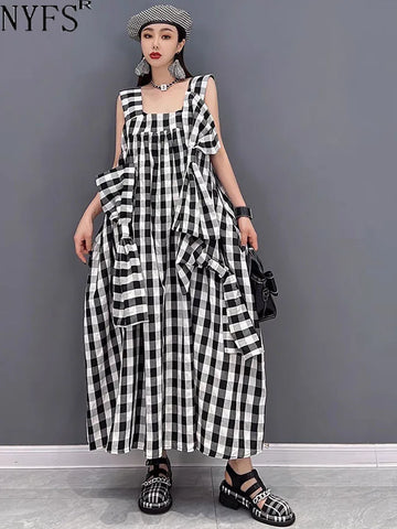 NYFS 2025 Summer New Plaid Dresses Backless Sleeveless Patchwork Bow Small Fresh Minority Elegant Loose Plus Size Long Dress
