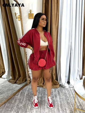 CM.YAYA Women Mini Skirts Set +Full Sleeve Striped Sweatshirt Two 2 Piece Set Outfits Fall Casual Street Night Club Cute Outfits