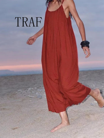 TRAF European and American style women's summer new fashion solid color sleeveless slim beaded suspender dress