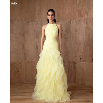 Bella Customized Yellow Halter Neck Multi-Layered robes de soirée Mesh Fabric A-line Party Dresses Floor-Length Prom Dress 2025