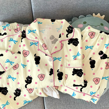Cute Cat Letter Love Bow Tie Dot Print Pajamas for Women Harajuku Style Sweet Cute Short 3 PC Set Pajamas Summer New Nightwear