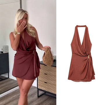 RAFZNB Women's Fashion Halter Mini Dresses Summer Sexy Backless Sleeveless Dress Female Elegant Party Dress