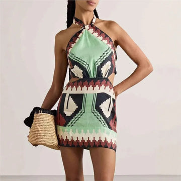 2025 New Summer Sexy Print Halter Mini Dress For Women Sleeveless Hollow Out Backless Lace up Dress Lady Holiday Beach Vestidos