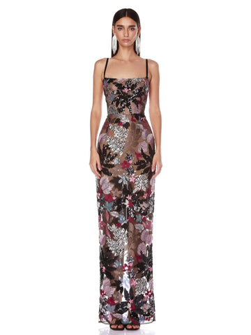 Sexy Spaghetti Strap Embroidery Flower Sequin Long Dress Women Sleeveless Sequins Floral Slim Dresses Evening Party Cocktail