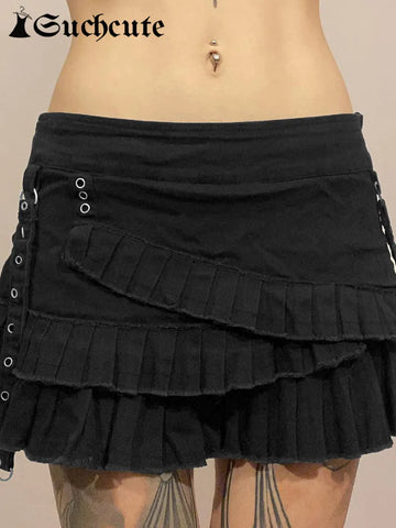 SUCHCUTE Goth Aesthetic Ruffles Irregular Mini Skirts Women Fairycore Streetwear Low Rise Denim Skirts Y2K Dark Academia 2023
