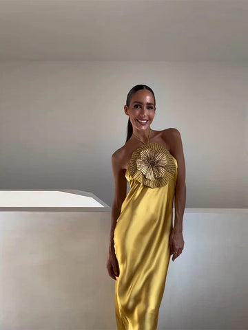Elegant Party Women's Dress 3D Flower Halter Sleeveless Backless Mermaid Satin Female Dresses 2025 Summer Chic Evening Lady Robe