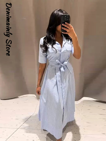 Casual Striped Women Summer Dress Lapel Single Breasted Short Sleeve Slim Waist Long Dresses 2025 New Lady Fashion Vacation Robe