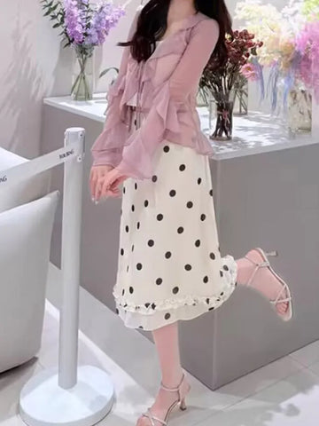 Fashion Polk Dot Printed Edible Tree Fungus Trim Skirts Women Holidays Zipper-Up Mesh Half Double Layers Bottoms 2025