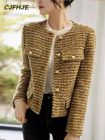 CJFHJE Women's Gold Short Woolen Coat Autumn Winter New Korean Fashion Tweed Coat Elegant Retro Female OL Outwear Wool Jacket
