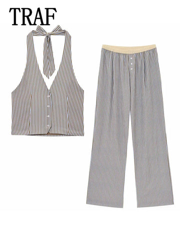 TRAF Stripe Pants Sets Women 2 Pieces 2025 Summer New Fashion Vest Top Women Suit Casual Two Piece Set Women Outfit