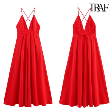 TRAF Women's Sexy V-neck Sleeveless Backless Dress Fashion Chic Spaghetti Straps Long Dress Temperament Commuter Women's
