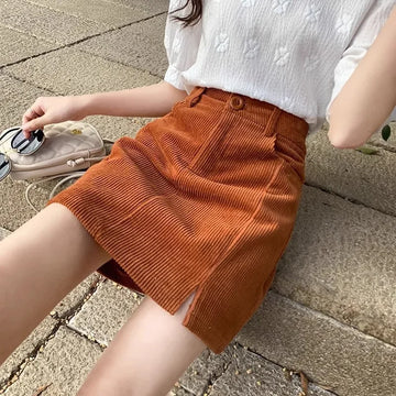 High-Waisted Slimming Corduroy A- Line Mini Dress 2024 Autumn/Winter Korean Style Side Slit Bodycon Skirt Plus Size Skirt