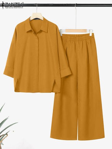 2025 ZANZEA Autumn 2PCS Outfits Women Solid Matching Set Loose Pant Sets Lapel Neck 3/4 Sleeve Shirts Trousers Work Tracksuits