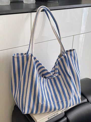 retro chic striped canvas tote bag korean fashion casual spacious shoulder bag for women suitable for travel and vacation