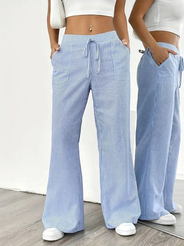 Plus Size Women's Striped Wide - Leg Pants, Drawstring Waist Casual Loose Fit Trousers for Summer