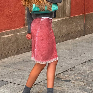 Elegant Pink Sequin Skirt for Women Summer Streetwear Fashion Lady Slim Bodycon Skirts Vacation Club Party Skirts