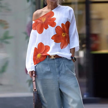 Krisstargirl 2025 Summer Flower Print Tops for Woman Elegant One-shoulder Long Sleeves Loose Tee T-Shirts for Women Clothes
