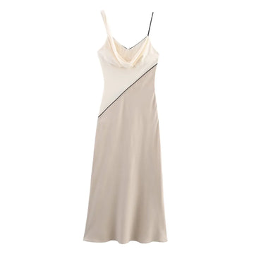MYST&ZA2025 summer new women's casual fashion slim fit suspenders splicing pleated drape V-neck midi dress