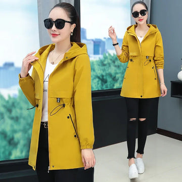 Hooded Coat Jacket for Middle-Aged Mothers Loose Elastic Waist Spring Autumn Zipper Open Cardigan Style Women's Clothing