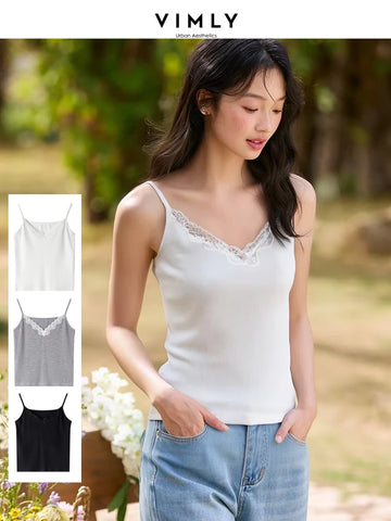 VIMLY Women's Sexy Camis Basics Summer Tops for Woman 2025 Simple Sleeveless Lace V-Neck Slim Camisoles for Lady Clothing A1559