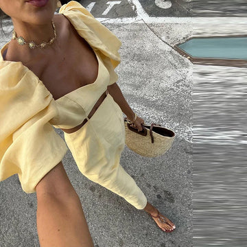 Womens Puff Sleeve Party Dress Ladies 2025 Hollow Waist High Street Summer Dress Elegant Solid Square Collar Holiday Long Dress