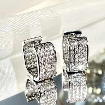 Original 925 Sterling Silver Full Zircon Earrings for Women Square Hoop Earrings Silver 925 Trendy Wedding Party Jewelry