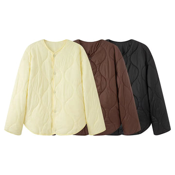 BSK&TRAF Women's 2025 Autumn and Winter New Solid Color Series Round Neck Diamond Quilted Jacket Top Thickened Coat