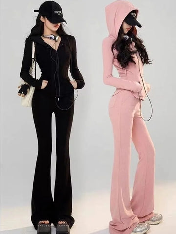 2 Piece Sets Women Outfit Long Sleeve Tracksuits Female Y2K Hooded Zipper Jacket + Pants Korean Fashion Lady Solid Slim Outfits