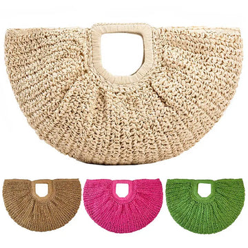 Women Bohemia Moon Handbag Large Capacity Half-Moon Straw Handbag Solid Color Simple Weaving Wrist Bag Summer Beach Bag