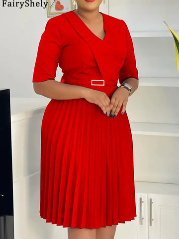 FairyShely 2025 Solid V Neck Plus Size Pleated Dress Women Short Sleeve Large Big Dresses Summer Lady Party Tight Curvy Dress