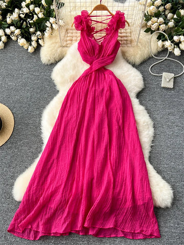 SINGREINY Vacation Maxi Dress Ladies 3D Floral Hollow Out Backless Sexy Sundress High Quality Pleated Beach Party Dress