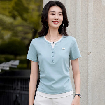 New Women Women Contrast Color T-shirt Summer Fashion Patchwork O-Neck Short Sleeve Folds Slim Waist T-shirt Casual Tees