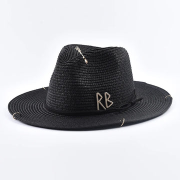 Fashionable Metal RB Letter Straw Hats for Women Men Summer Panaman Jazz Hat Outdoor Holidays Beach Sun Hat
