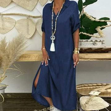 Large Size Women's L-5XL Plus Size Summer Denim Short Sleeved Fashionable Dress, Casual Solid Color Lapel Large Size