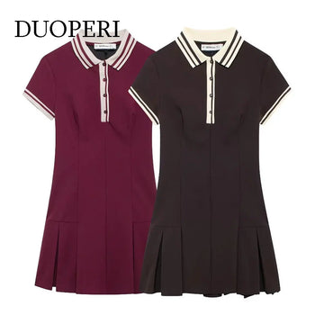 DUOPERI Women Fashion Patchwork Mini Dress Short Sleeves Wide Pleated Female Chic Lady Casual Basic Short Dress Mujer Vestidos