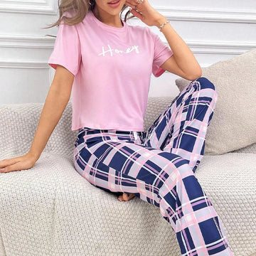 Women Pajama Set Super Soft Cotton Short Sleeve Pink Tops With Long Pants Two Pieces High Quality Sexy Lingerie Homewear Set