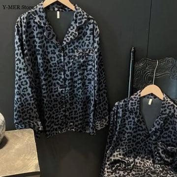 Fashion Leopard Pajamas Female Silkly Satin Home Clothes Lover Loungewear Sleepwear Long Sleeve Top Pants 2Pcs Nightwear