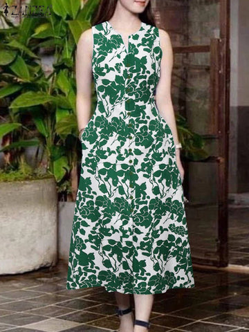 Elegant Women Printed Midi Dresses 2025 Summer Sundress ZANZEA Fashion V Neck Sleeveless Holiday Party Vestido Robe Femme Kaftan