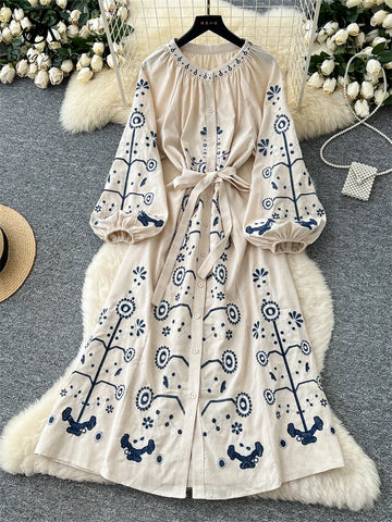 SINGREINY French Vintage Embroidery Dress Female Lantern Sleeve Buttons Lace Up Slim Design Autumn Fashion Vacation Long Dress