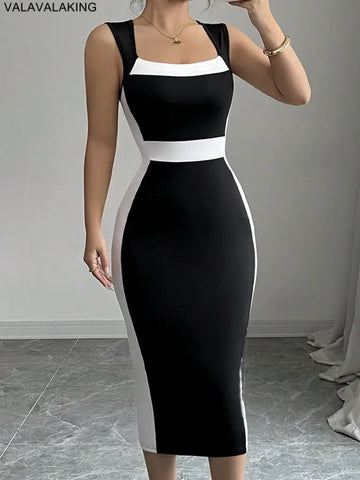 Lady Sexy Solid Patchwork Bodycon Long Dress Women Square Collar Strap Club Dress Lady Summer Evening Party Tight Dress Clubwear