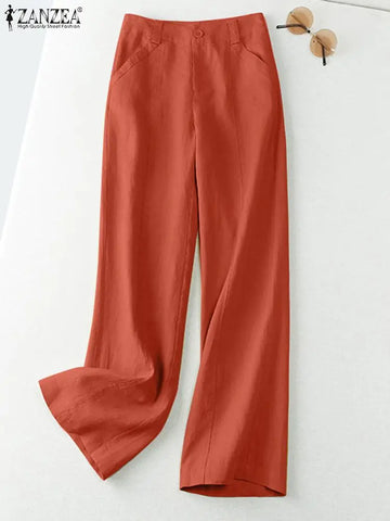 ZANZEA 2023 Autumn Summer Spring Fashion Women Pants Cotton Linen Long Trousers Wide Leg Plain Holiday Casual Pants Streetwear