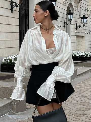 Autumn See-Through Casual Shirts Top For Women Loose Slim Long Sleeve Lapel Cardigan Streetwear Women's Pleated Shirts Top