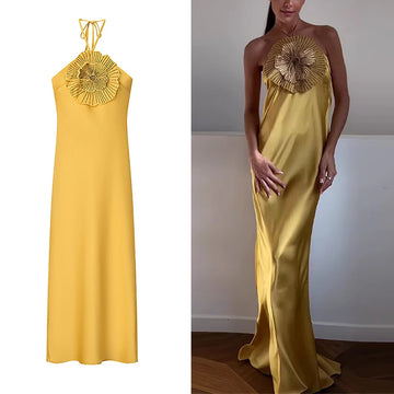 TRAF Women Elegant Chest Diamond Flower Halter Dress Backless Sexy Long Dresses Summer 2025 New Fashion Evening Party Dresses