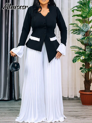 Mlaiscsr Flared Sleeve Button Blazer Shirt Tops and Pleated Wide Leg Pants 2 Two Piece Sets Women Elegant Office Ladies Outfits